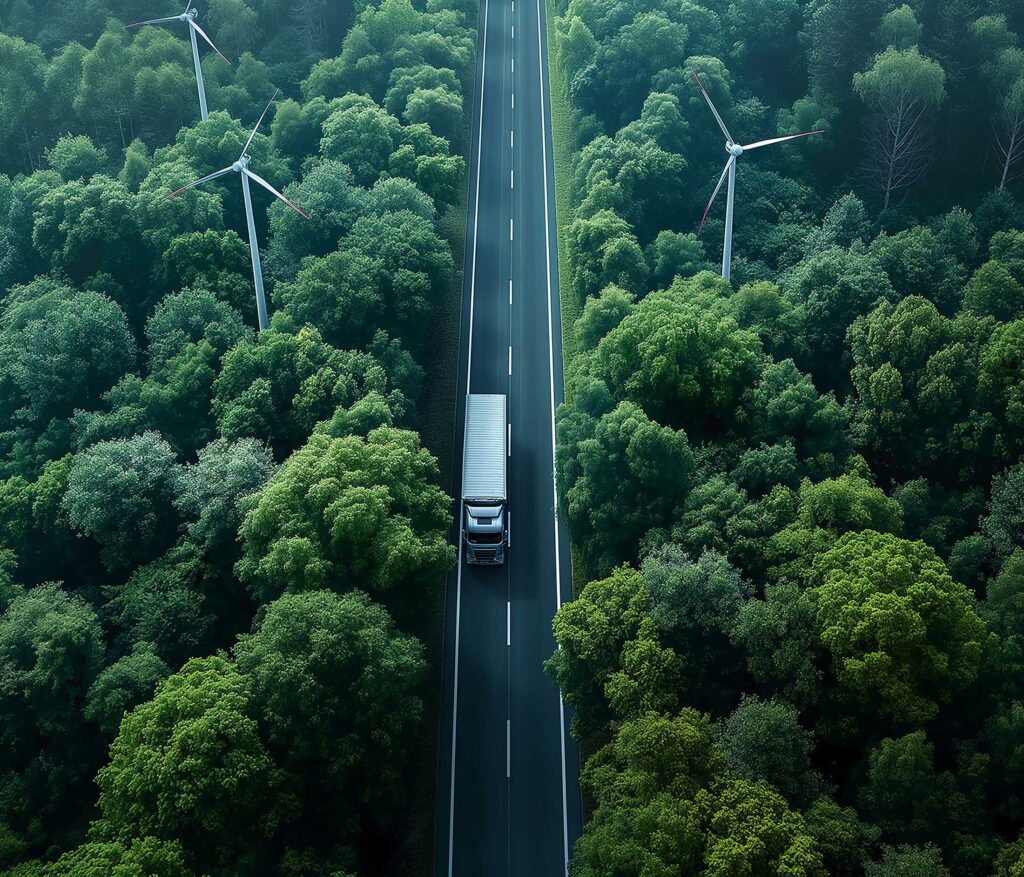Lastbil på vej gennem natur og vinmøller - Miljøvenlig transport og grøn logistik i Nordsjælland